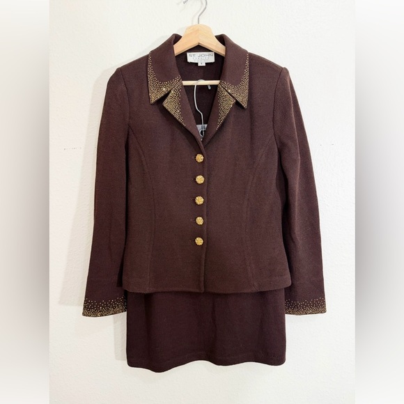 Vintage St. John Evening by Marie Gray Knit Skirt Suit Set Brown/Gold Size 8 - Picture 3 of 16